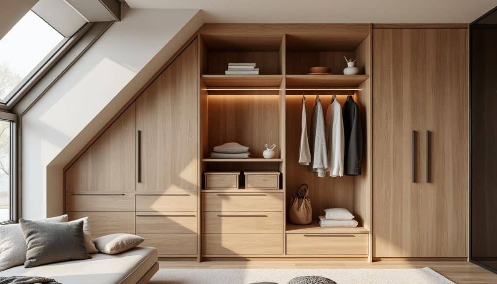 découvrez comment aménager un dressing sous pente avec du bois brut pour un espace chaleureux, optimisé et élégant, alliant praticité et design naturel.