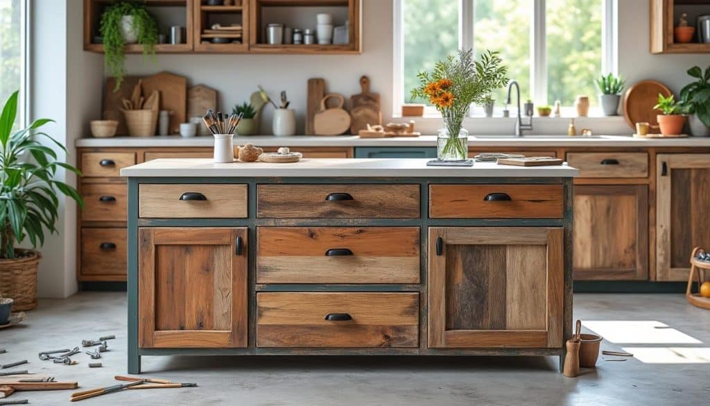 apprenez à créer un îlot central unique et écologique en utilisant des meubles recyclés. un guide diy pour aménager votre cuisine de manière durable et créative.